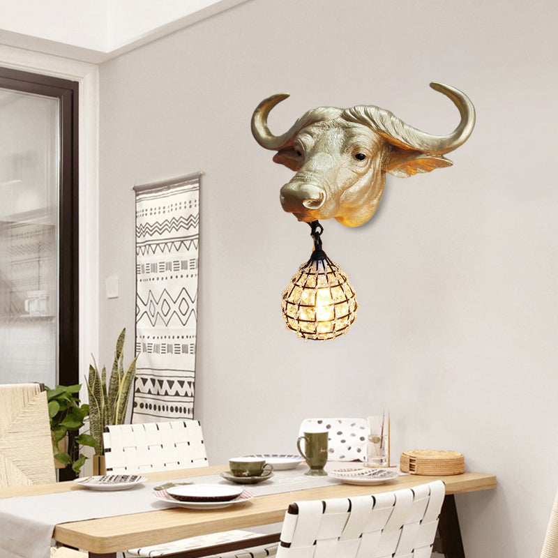 1 Light Wall Lamp Lighting Country Cattle Metal Sconce Light Fixture in Gold with Crystal/Glass Shade Gold Crystal Clearhalo 'Wall Lamps & Sconces' 'Wall Lights' Lighting' 230061