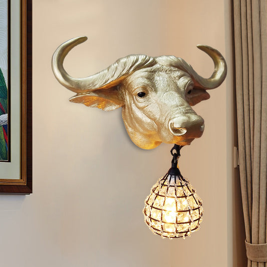 1 Light Wall Lamp Lighting Country Cattle Metal Sconce Light Fixture in Gold with Crystal/Glass Shade Clearhalo 'Wall Lamps & Sconces' 'Wall Lights' Lighting' 230062