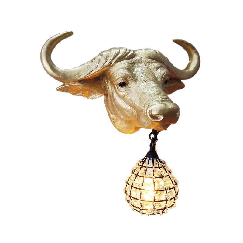 1 Light Wall Lamp Lighting Country Cattle Metal Sconce Light Fixture in Gold with Crystal/Glass Shade Clearhalo 'Wall Lamps & Sconces' 'Wall Lights' Lighting' 230063