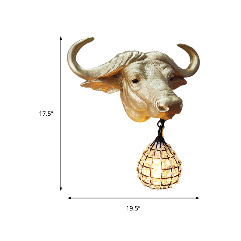 1 Light Wall Lamp Lighting Country Cattle Metal Sconce Light Fixture in Gold with Crystal/Glass Shade Clearhalo 'Wall Lamps & Sconces' 'Wall Lights' Lighting' 230064