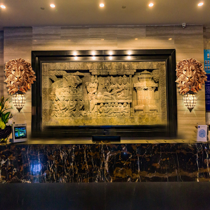 Resin Lion Sconce Lighting Rustic 1 Light Indoor Wall Mounted Lamp in Gold with Black Teardrop Shade Gold Clearhalo 'Wall Lamps & Sconces' 'Wall Lights' Lighting' 230070