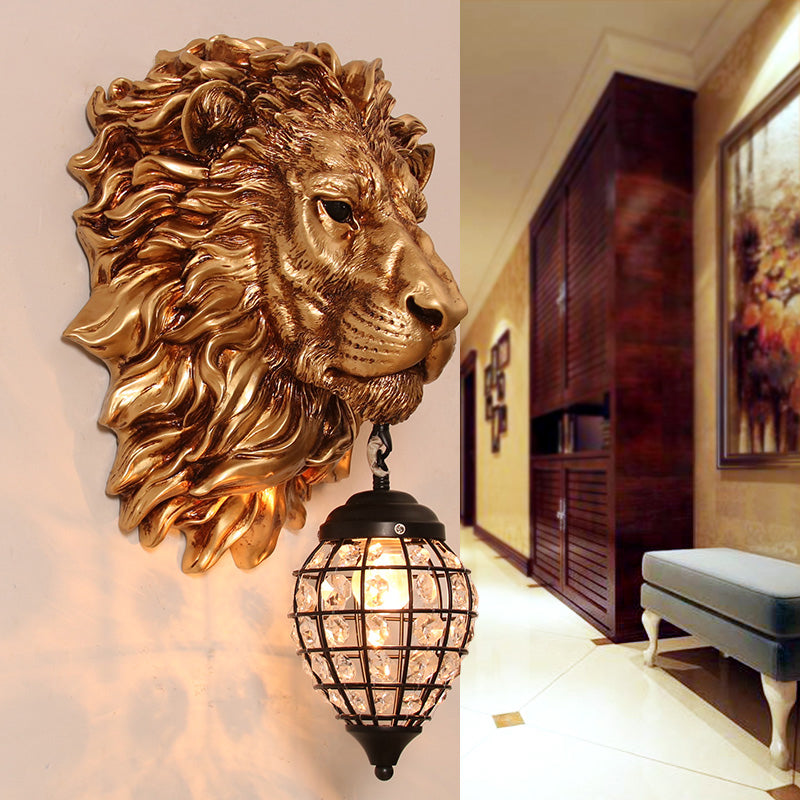 Resin Lion Sconce Lighting Rustic 1 Light Indoor Wall Mounted Lamp in Gold with Black Teardrop Shade Clearhalo 'Wall Lamps & Sconces' 'Wall Lights' Lighting' 230071