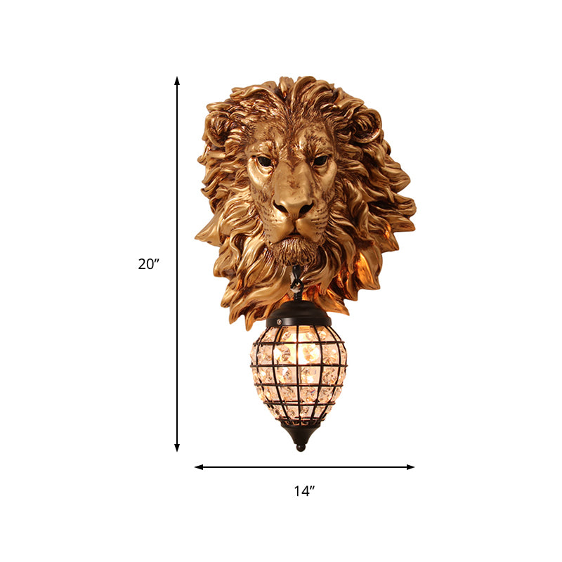 Resin Lion Sconce Lighting Rustic 1 Light Indoor Wall Mounted Lamp in Gold with Black Teardrop Shade Clearhalo 'Wall Lamps & Sconces' 'Wall Lights' Lighting' 230074