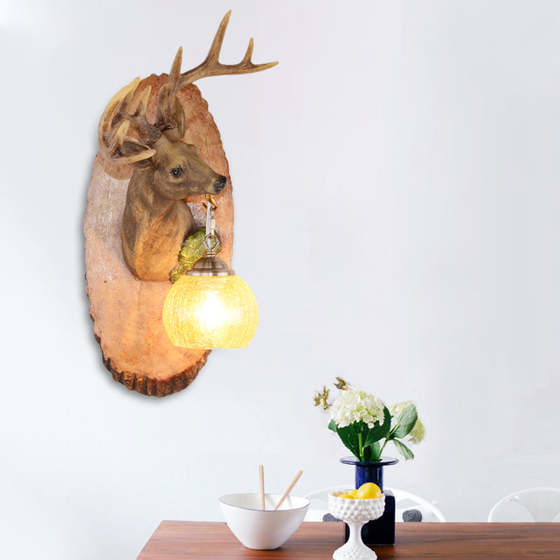 Deer toward Right/Left Resin Sconce Lighting Vintage 1 Light Corridor Wall Mounted Lamp in Brown/Yellow/White with Globe Glass Shade Clearhalo 'Wall Lamps & Sconces' 'Wall Lights' Lighting' 230129