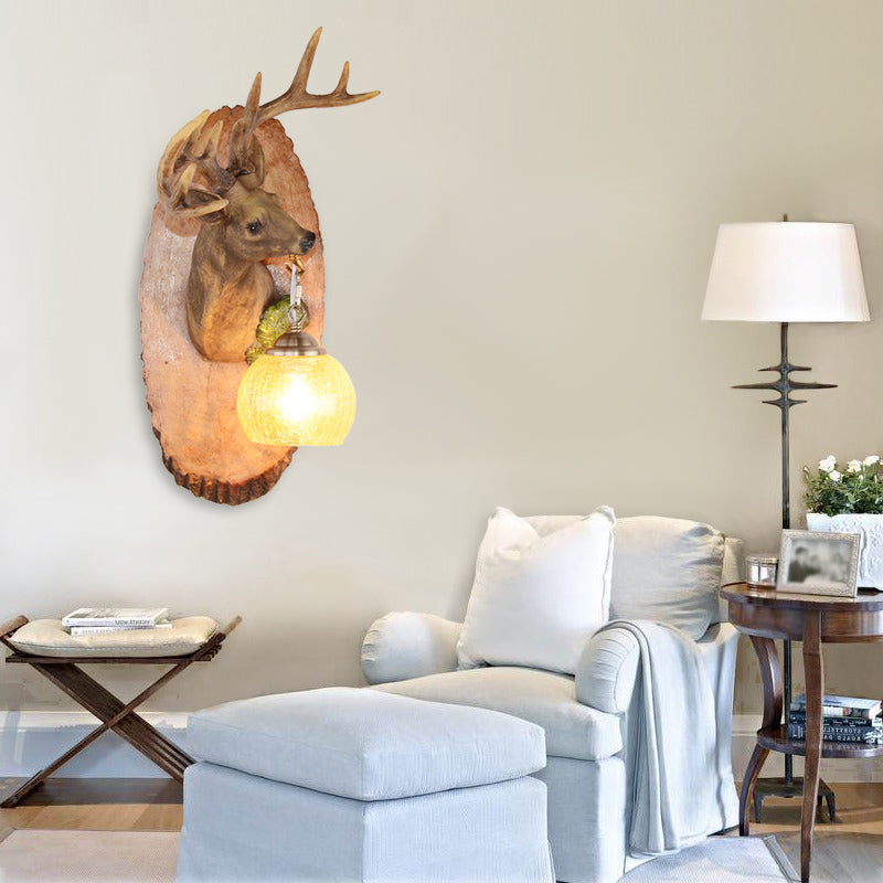 Deer toward Right/Left Resin Sconce Lighting Vintage 1 Light Corridor Wall Mounted Lamp in Brown/Yellow/White with Globe Glass Shade Tan Left Clearhalo 'Wall Lamps & Sconces' 'Wall Lights' Lighting' 230130
