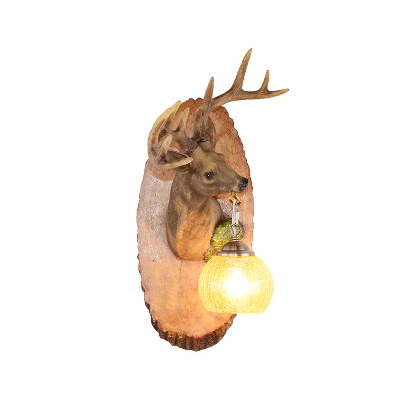 Deer toward Right/Left Resin Sconce Lighting Vintage 1 Light Corridor Wall Mounted Lamp in Brown/Yellow/White with Globe Glass Shade Clearhalo 'Wall Lamps & Sconces' 'Wall Lights' Lighting' 230131