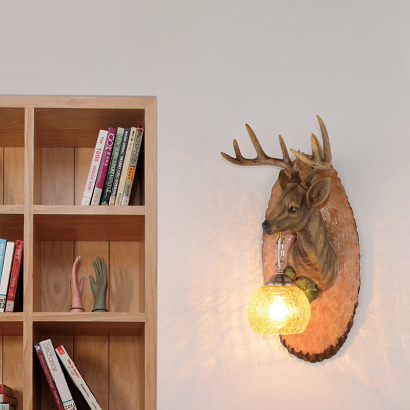 Deer toward Right/Left Resin Sconce Lighting Vintage 1 Light Corridor Wall Mounted Lamp in Brown/Yellow/White with Globe Glass Shade Clearhalo 'Wall Lamps & Sconces' 'Wall Lights' Lighting' 230133