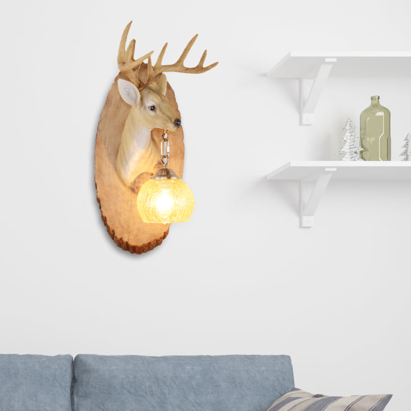 Deer toward Right/Left Resin Sconce Lighting Vintage 1 Light Corridor Wall Mounted Lamp in Brown/Yellow/White with Globe Glass Shade Clearhalo 'Wall Lamps & Sconces' 'Wall Lights' Lighting' 230136