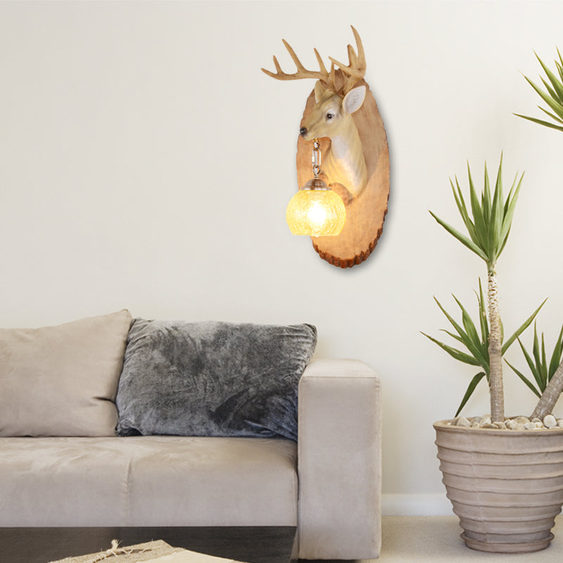 Deer toward Right/Left Resin Sconce Lighting Vintage 1 Light Corridor Wall Mounted Lamp in Brown/Yellow/White with Globe Glass Shade Clearhalo 'Wall Lamps & Sconces' 'Wall Lights' Lighting' 230139