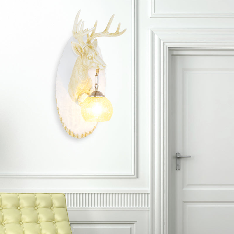 Deer toward Right/Left Resin Sconce Lighting Vintage 1 Light Corridor Wall Mounted Lamp in Brown/Yellow/White with Globe Glass Shade Clearhalo 'Wall Lamps & Sconces' 'Wall Lights' Lighting' 230142