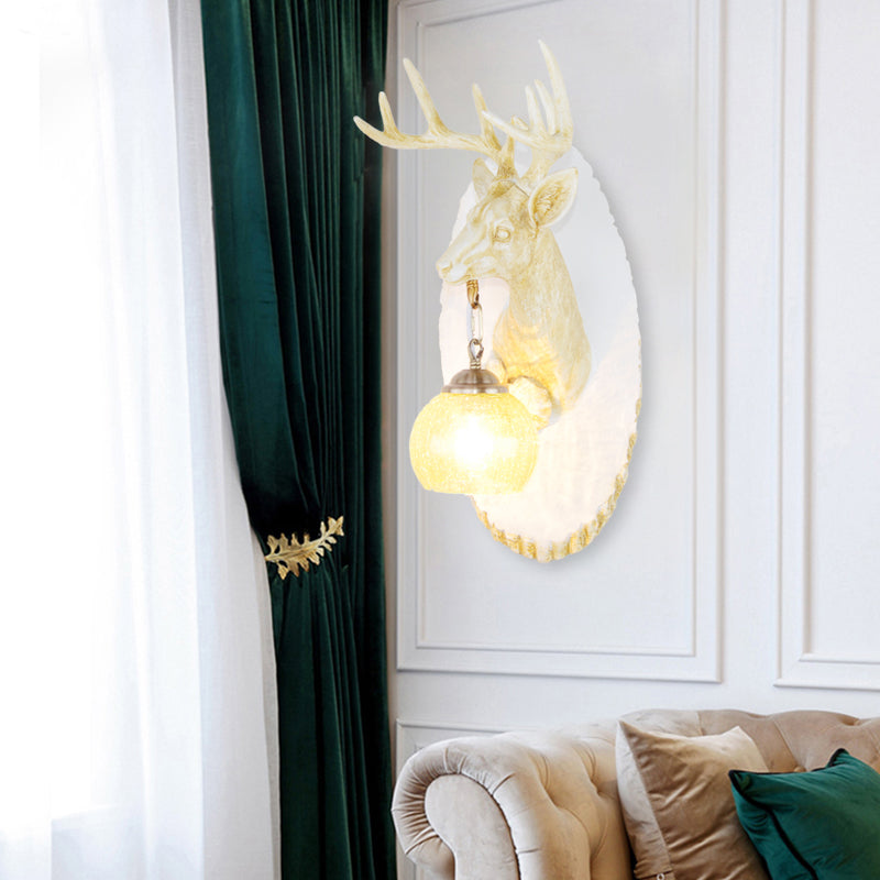 Deer toward Right/Left Resin Sconce Lighting Vintage 1 Light Corridor Wall Mounted Lamp in Brown/Yellow/White with Globe Glass Shade Clearhalo 'Wall Lamps & Sconces' 'Wall Lights' Lighting' 230145