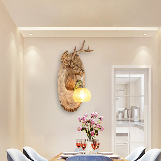 Deer toward Right/Left Resin Sconce Lighting Vintage 1 Light Corridor Wall Mounted Lamp in Brown/Yellow/White with Globe Glass Shade Clearhalo 'Wall Lamps & Sconces' 'Wall Lights' Lighting' 230148