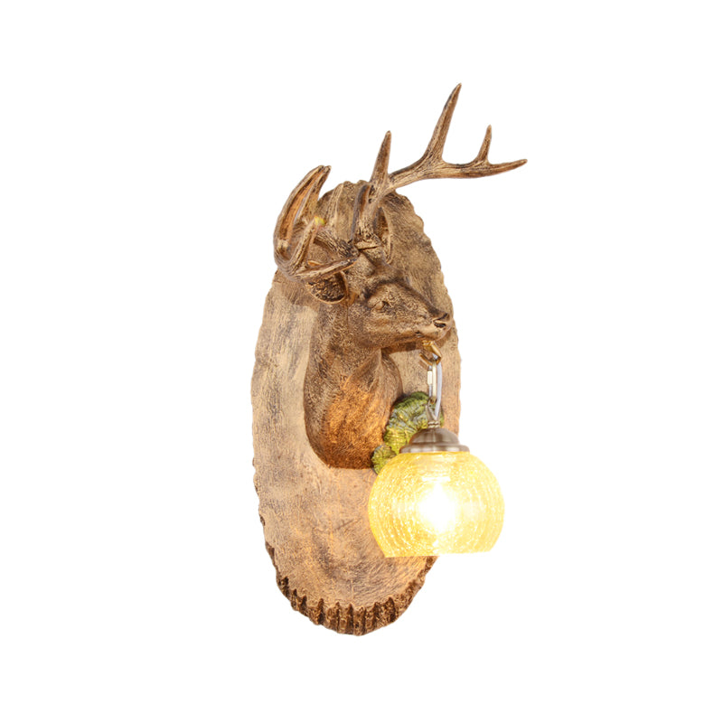 Deer toward Right/Left Resin Sconce Lighting Vintage 1 Light Corridor Wall Mounted Lamp in Brown/Yellow/White with Globe Glass Shade Clearhalo 'Wall Lamps & Sconces' 'Wall Lights' Lighting' 230149