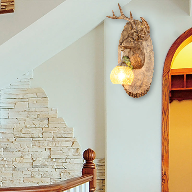 Deer toward Right/Left Resin Sconce Lighting Vintage 1 Light Corridor Wall Mounted Lamp in Brown/Yellow/White with Globe Glass Shade Clearhalo 'Wall Lamps & Sconces' 'Wall Lights' Lighting' 230151