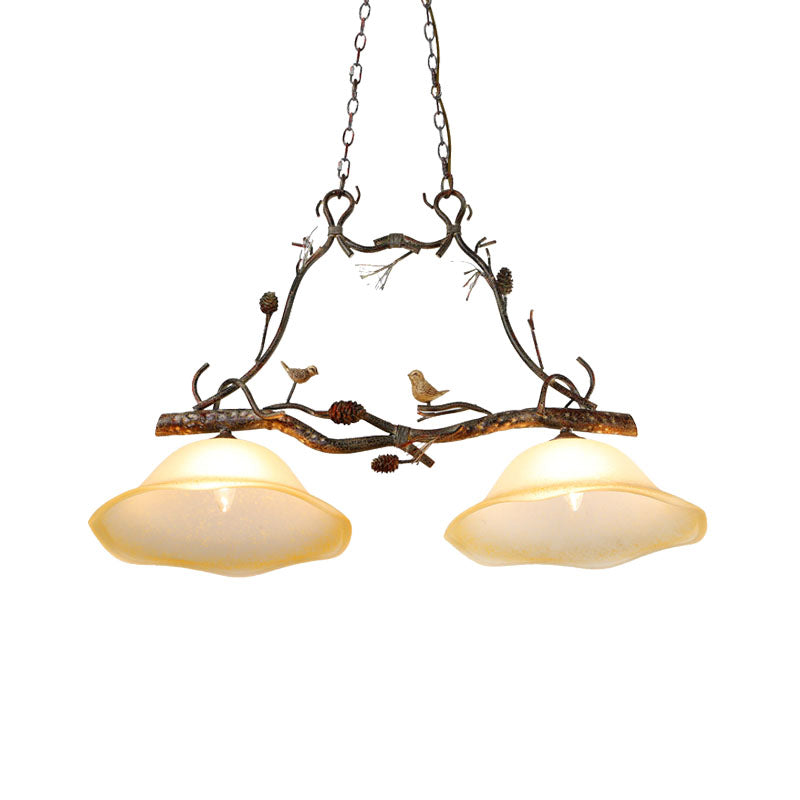 Opal Glass Scalloped Island Pendant Light Rustic 2 Lights Bedroom Hanging Lamp in Beige Clearhalo 'Ceiling Lights' 'Close To Ceiling Lights' 'Glass shade' 'Glass' 'Island Lights' Lighting' 230197