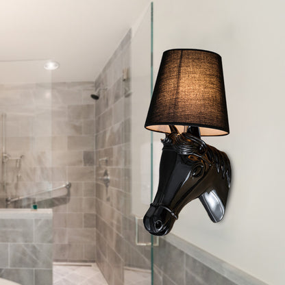 Metal Horse Head Sconce Lighting Traditional 1 Light Bedroom Wall Mounted Lamp in Black/White with Fabric Shade, 8.5"/12" W Black Clearhalo 'Wall Lamps & Sconces' 'Wall Lights' Lighting' 230279