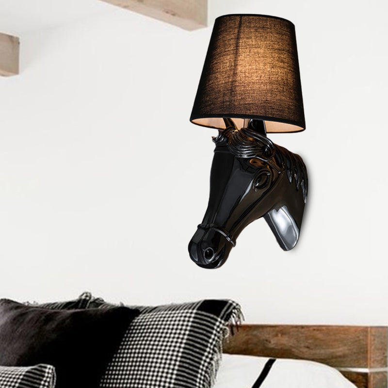 Metal Horse Head Sconce Lighting Traditional 1 Light Bedroom Wall Mounted Lamp in Black/White with Fabric Shade, 8.5"/12" W Clearhalo 'Wall Lamps & Sconces' 'Wall Lights' Lighting' 230280