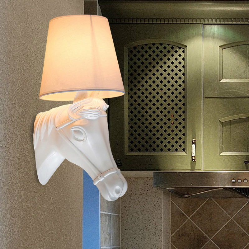 Metal Horse Head Sconce Lighting Traditional 1 Light Bedroom Wall Mounted Lamp in Black/White with Fabric Shade, 8.5"/12" W White Clearhalo 'Wall Lamps & Sconces' 'Wall Lights' Lighting' 230284