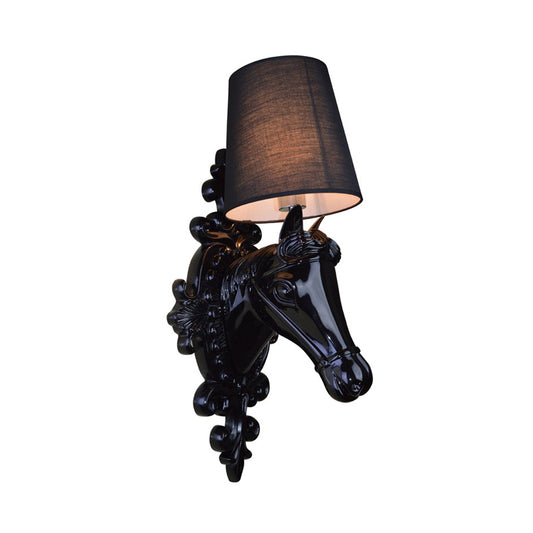 1 Bulb Horse Sconce Lamp Classic Black/White Resin Wall Mounted Light with Cone Fabric Shade Clearhalo 'Wall Lamps & Sconces' 'Wall Lights' Lighting' 230321