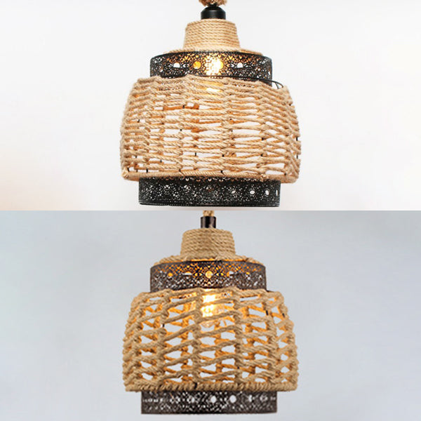 Country Style Cylindrical Ceiling Lamp 1 Light Rope and Metal Pendant Light in Beige for Restaurant Clearhalo 'Ceiling Lights' 'Industrial Pendants' 'Industrial' 'Middle Century Pendants' 'Pendant Lights' 'Pendants' 'Tiffany' Lighting' 23044