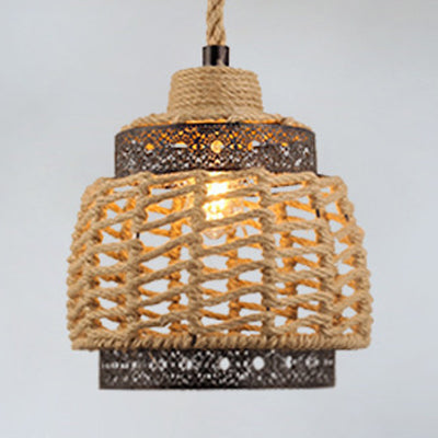Country Style Cylindrical Ceiling Lamp 1 Light Rope and Metal Pendant Light in Beige for Restaurant Beige B Clearhalo 'Ceiling Lights' 'Industrial Pendants' 'Industrial' 'Middle Century Pendants' 'Pendant Lights' 'Pendants' 'Tiffany' Lighting' 23047