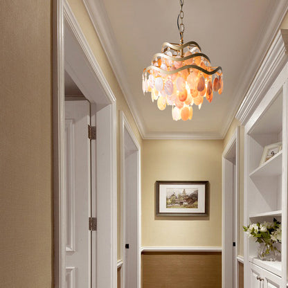 Brass 3-Tier Flower Ring Chandelier Traditional Style Seashell Design Pink Shade 4-Light Pendant Light Beige Clearhalo 'Chandeliers' 'Deckenleuchte' 'Kronleuchte' Leuchte' 230540_b9172072-f1fa-4fdd-9328-2552751ebd28