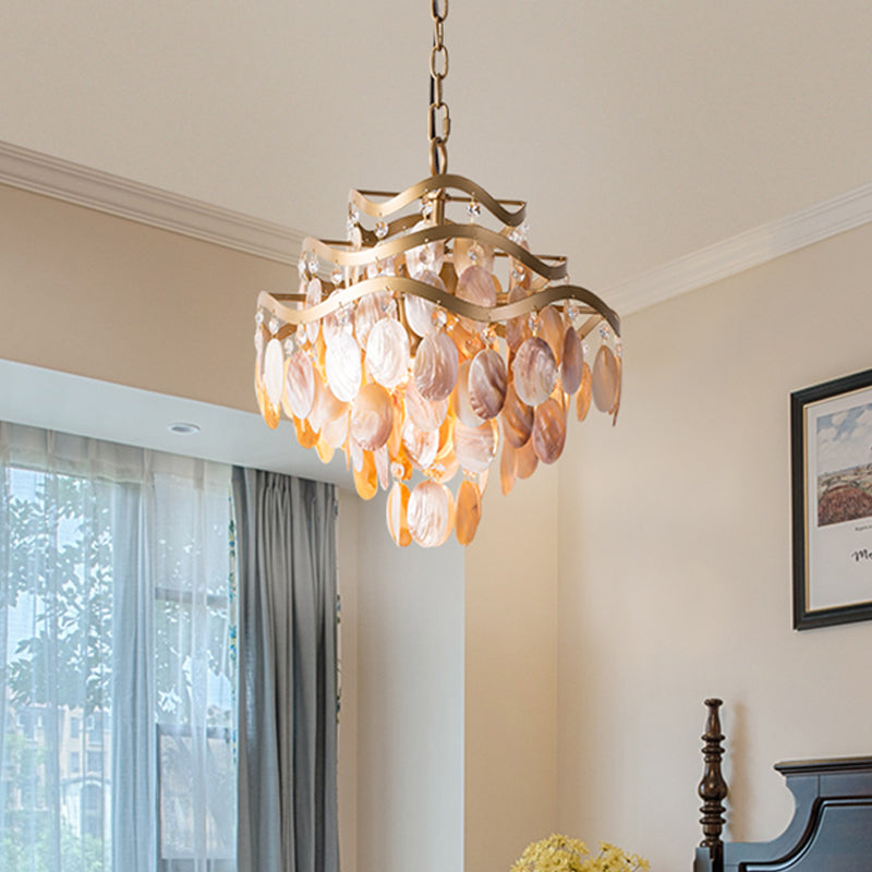Brass 3-Tier Flower Ring Chandelier Traditional Style Seashell Design Pink Shade 4-Light Pendant Light Clearhalo 'Chandeliers' 'Deckenleuchte' 'Kronleuchte' Leuchte' 230541