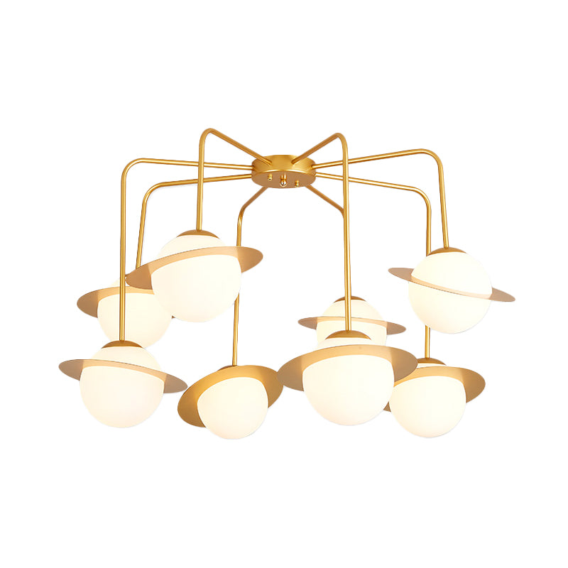 Metal Radial Chandelier Lamp Contemporary 8 Lights Gold/Chrome Led Hanging Ceiling Light Fixture with White Glass Globe Shade Clearhalo 'Ceiling Lights' 'Chandeliers' 'Modern Chandeliers' 'Modern' Lighting' 230579