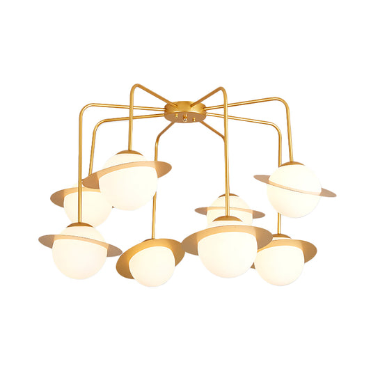 Metal Radial Chandelier Lamp Contemporary 8 Lights Gold/Chrome Led Hanging Ceiling Light Fixture with White Glass Globe Shade Clearhalo 'Ceiling Lights' 'Chandeliers' 'Modern Chandeliers' 'Modern' Lighting' 230579