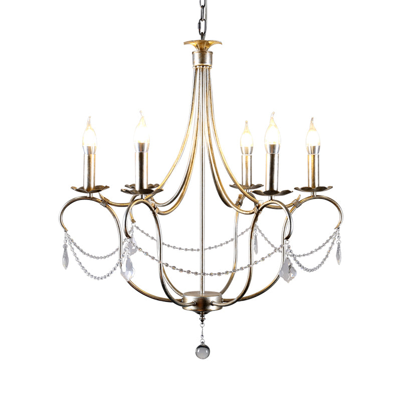 Metal Candle Chandelier Lamp Retro 6 Bulbs Silver/Gold Pendant Lighting Fixture with Crystal Teardrop for Dining Room Clearhalo 'Ceiling Lights' 'Chandeliers' Lighting' options 230603