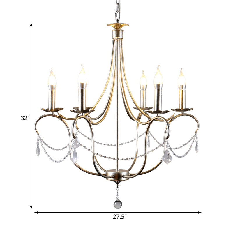 Metal Candle Chandelier Lamp Retro 6 Bulbs Silver/Gold Pendant Lighting Fixture with Crystal Teardrop for Dining Room Clearhalo 'Ceiling Lights' 'Chandeliers' Lighting' options 230604