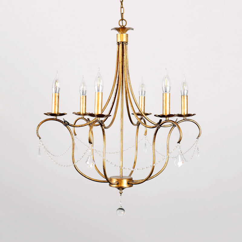 Metal Candle Chandelier Lamp Retro 6 Bulbs Silver/Gold Pendant Lighting Fixture with Crystal Teardrop for Dining Room Clearhalo 'Ceiling Lights' 'Chandeliers' Lighting' options 230607