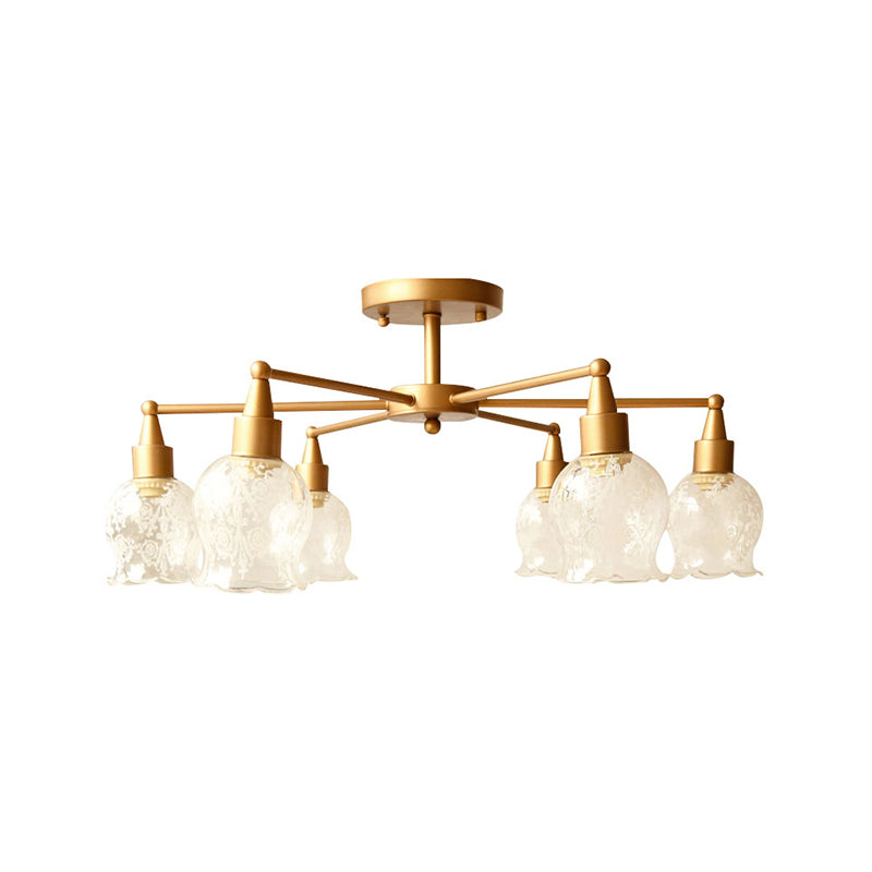Flower Shape Living Room Semi Mount Lighting Traditional Clear Glass 6 Lights Gold Semi Flush Light Clearhalo 'Ceiling Lights' 'Close To Ceiling Lights' 'Close to ceiling' 'Glass shade' 'Glass' 'Semi-flushmount' Lighting' 230646