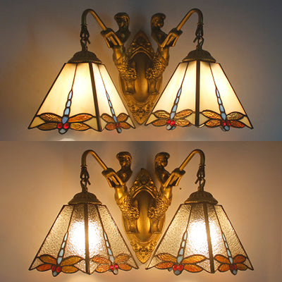 2 Heads Pyramid Sconce Lighting Tiffany White/Clear Glass Wall Mounted Light with Dragonfly Pattern Clearhalo 'Industrial' 'Middle century wall lights' 'Tiffany wall lights' 'Tiffany' 'Wall Lamps & Sconces' 'Wall Lights' Lighting' 23073