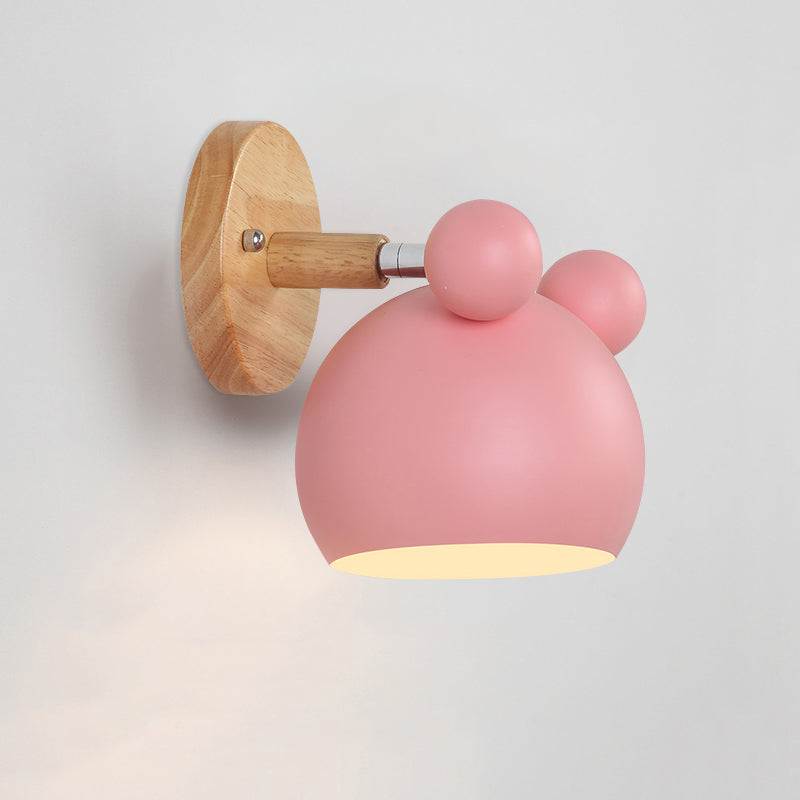 Swivel Shade Kids Bedroom Wall Lamp Metal 1 Bulb Macaron Reading Wall Light with Wood Deco Pink Clearhalo 'Wall Lamps & Sconces' 'Wall Lights' Lighting' 2307364