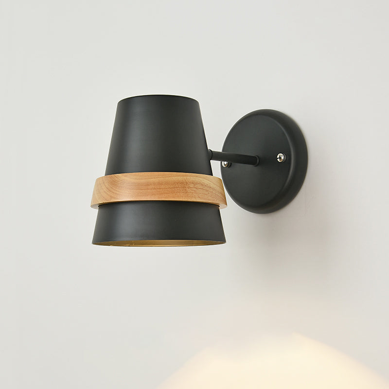 Adjustable Horn Shaped Wall Light Minimalist Metal 1-Light Bedside Wall Lighting with Wood Ring Decor Black Clearhalo 'Wall Lamps & Sconces' 'Wall Lights' Lighting' 2307366