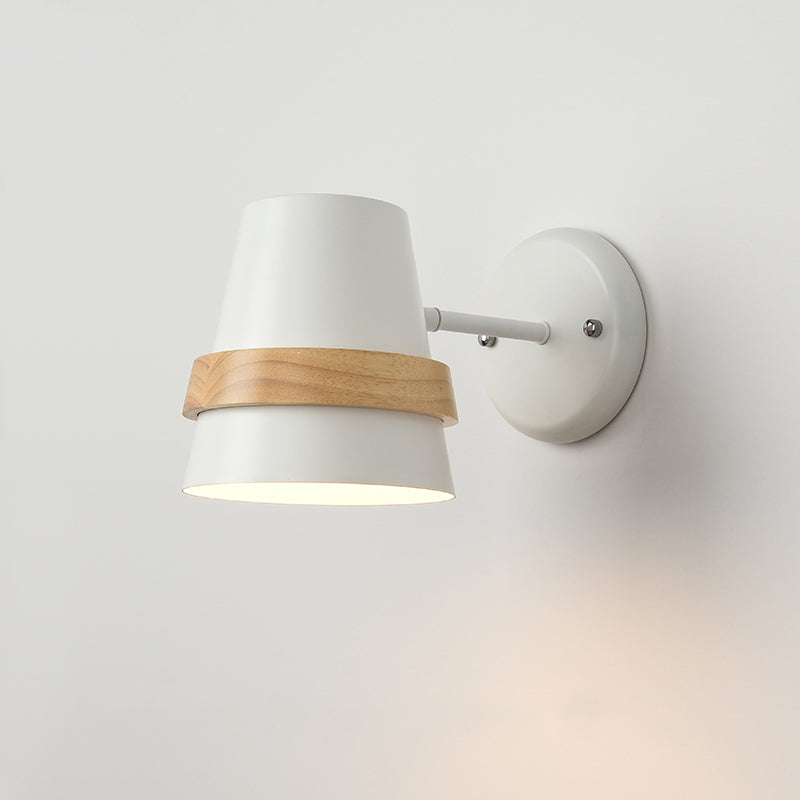 Adjustable Horn Shaped Wall Light Minimalist Metal 1-Light Bedside Wall Lighting with Wood Ring Decor White Clearhalo 'Wall Lamps & Sconces' 'Wall Lights' Lighting' 2307367