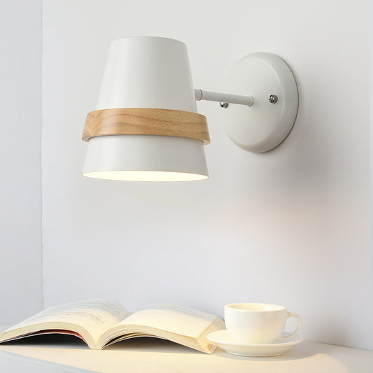 Adjustable Horn Shaped Wall Light Minimalist Metal 1-Light Bedside Wall Lighting with Wood Ring Decor Clearhalo 'Wall Lamps & Sconces' 'Wall Lights' Lighting' 2307368