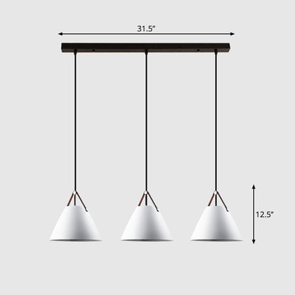 Nordic 3 Lights Cluster Pendant Conical Hanging Light with Metal Shade and Leather Strap White Linear Clearhalo 'Ceiling Lights' 'Pendant Lights' 'Pendants' Lighting' 2307420_42a757d6-58f2-40ee-855c-2f46d982c013