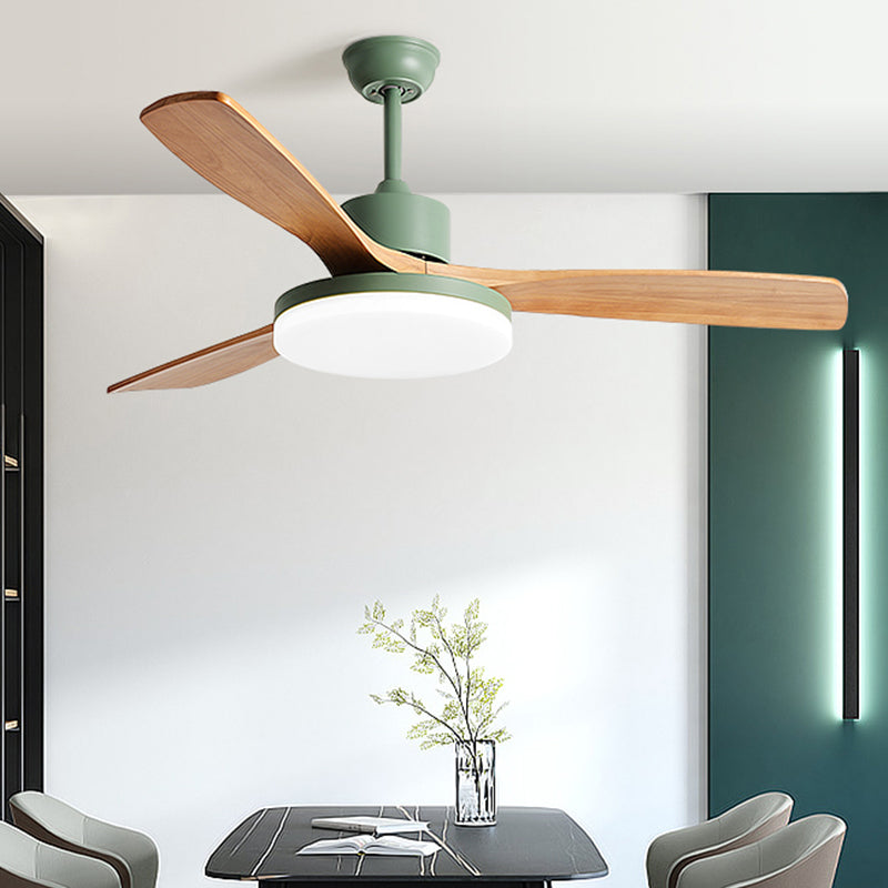 Acrylic Disc Shaped LED Pendant Fan Lighting Nordic Green Semi Flush Mount Lamp with 3 Wooden Blades Clearhalo 'Ceiling Fans with Lights' 'Ceiling Fans' 'Kids Ceiling Fans' 'Kids' Lighting' 2307421