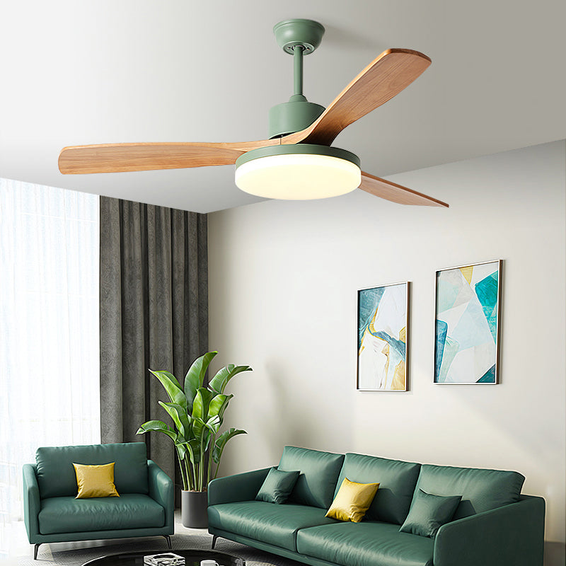 Acrylic Disc Shaped LED Pendant Fan Lighting Nordic Green Semi Flush Mount Lamp with 3 Wooden Blades Clearhalo 'Ceiling Fans with Lights' 'Ceiling Fans' 'Kids Ceiling Fans' 'Kids' Lighting' 2307424