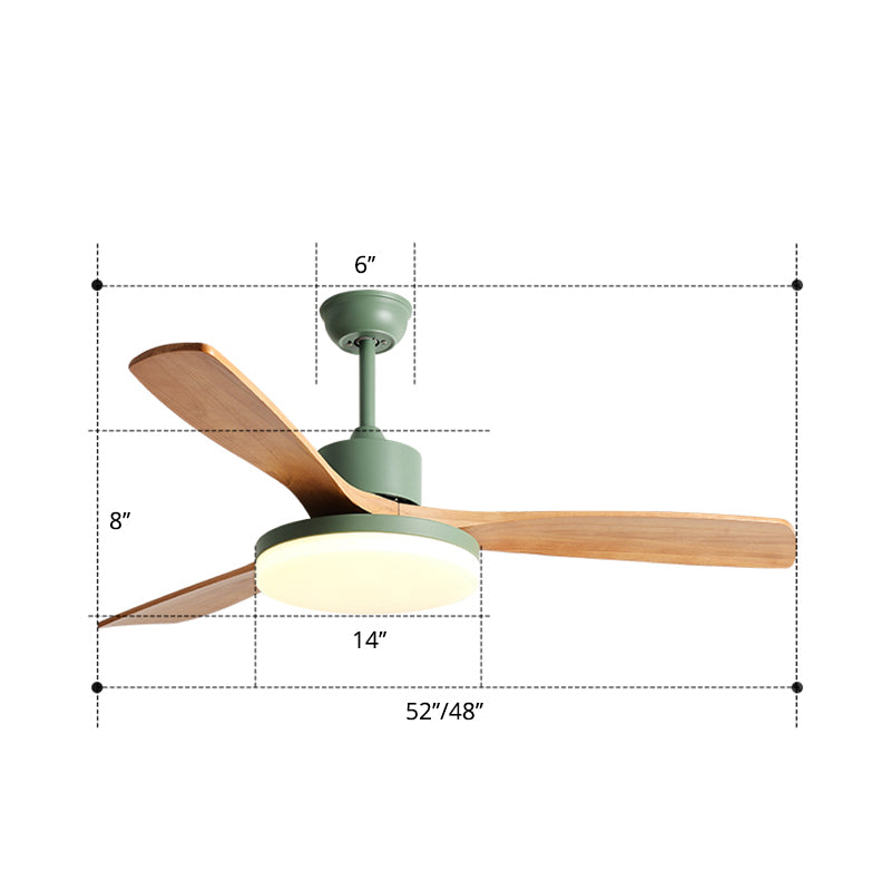 Acrylic Disc Shaped LED Pendant Fan Lighting Nordic Green Semi Flush Mount Lamp with 3 Wooden Blades Clearhalo 'Ceiling Fans with Lights' 'Ceiling Fans' 'Kids Ceiling Fans' 'Kids' Lighting' 2307428
