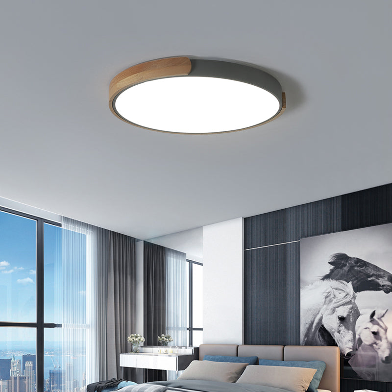 Grey Disk LED Ceiling Lighting Simplicity Acrylic Flush Mount Fixture with Wood Decoration Grey Clearhalo 'Ceiling Lights' 'Close To Ceiling Lights' 'Close to ceiling' 'Flush mount' Lighting' 2307439