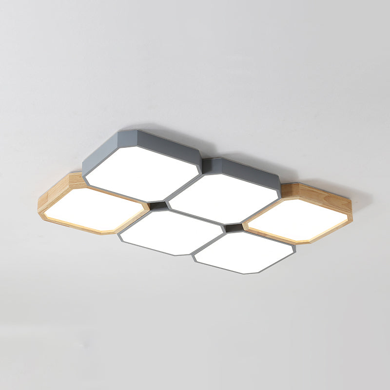 Checkered LED Flush Light Fixture Nordic Metal Grey and Wood Ceiling Lamp for Living Room 6 Grey Third Gear Clearhalo 'Ceiling Lights' 'Close To Ceiling Lights' 'Close to ceiling' 'Flush mount' Lighting' 2307492