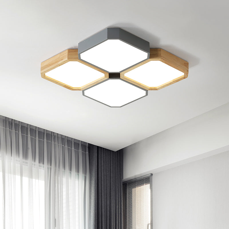 Checkered LED Flush Light Fixture Nordic Metal Grey and Wood Ceiling Lamp for Living Room Clearhalo 'Ceiling Lights' 'Close To Ceiling Lights' 'Close to ceiling' 'Flush mount' Lighting' 2307495
