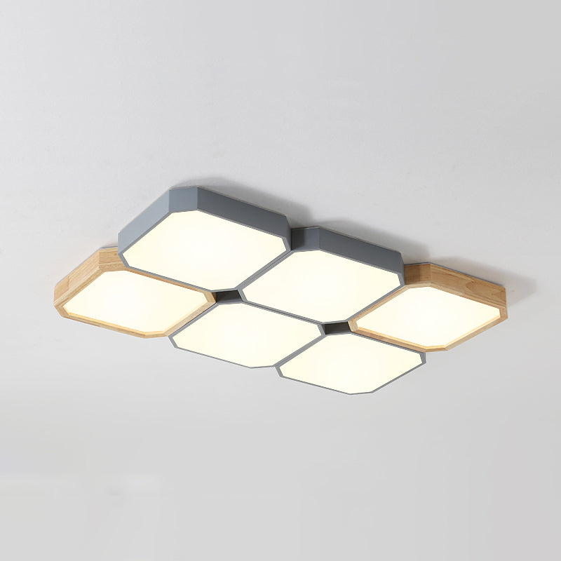 Checkered LED Flush Light Fixture Nordic Metal Grey and Wood Ceiling Lamp for Living Room 6 Grey Warm Clearhalo 'Ceiling Lights' 'Close To Ceiling Lights' 'Close to ceiling' 'Flush mount' Lighting' 2307496