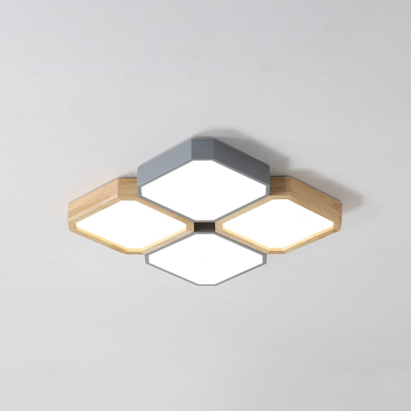 Checkered LED Flush Light Fixture Nordic Metal Grey and Wood Ceiling Lamp for Living Room 4 Grey Third Gear Clearhalo 'Ceiling Lights' 'Close To Ceiling Lights' 'Close to ceiling' 'Flush mount' Lighting' 2307498