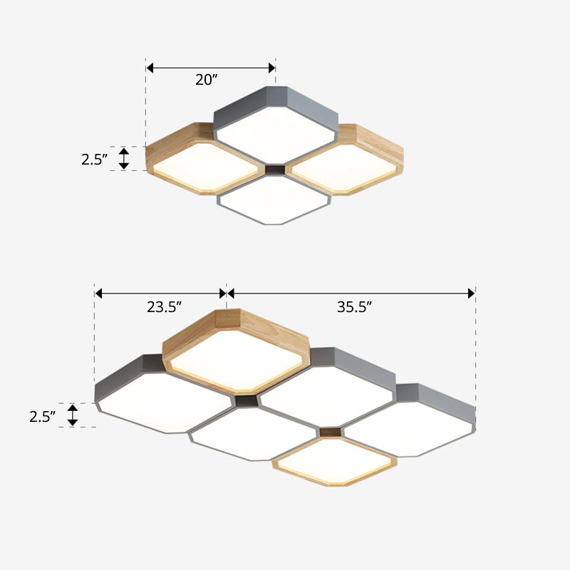 Checkered LED Flush Light Fixture Nordic Metal Grey and Wood Ceiling Lamp for Living Room Clearhalo 'Ceiling Lights' 'Close To Ceiling Lights' 'Close to ceiling' 'Flush mount' Lighting' 2307499