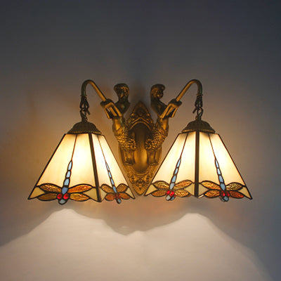 2 Heads Pyramid Sconce Lighting Tiffany White/Clear Glass Wall Mounted Light with Dragonfly Pattern White Clearhalo 'Industrial' 'Middle century wall lights' 'Tiffany wall lights' 'Tiffany' 'Wall Lamps & Sconces' 'Wall Lights' Lighting' 23074