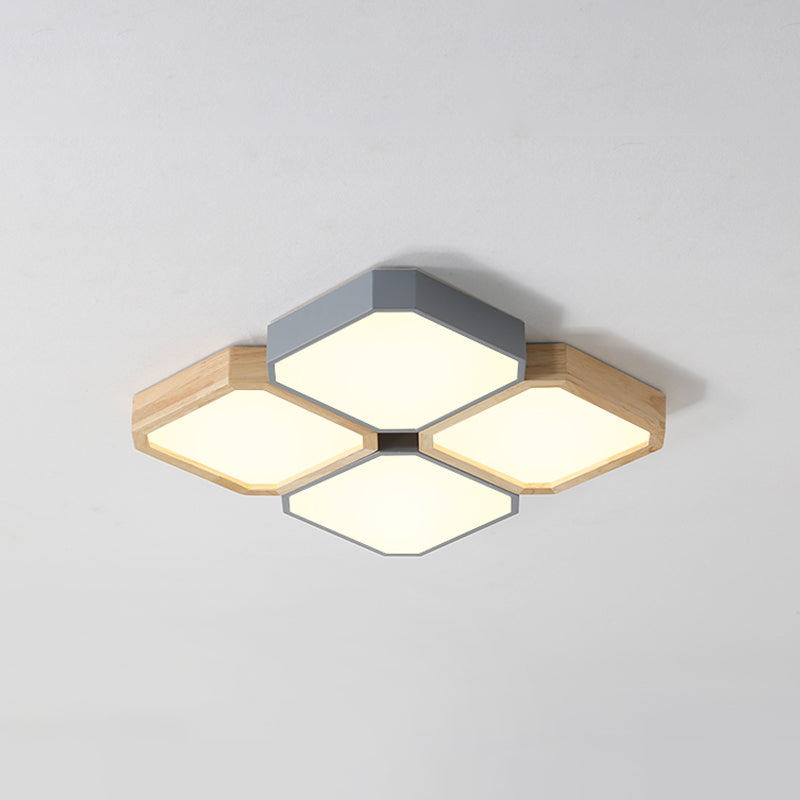 Checkered LED Flush Light Fixture Nordic Metal Grey and Wood Ceiling Lamp for Living Room 4 Grey Warm Clearhalo 'Ceiling Lights' 'Close To Ceiling Lights' 'Close to ceiling' 'Flush mount' Lighting' 2307501